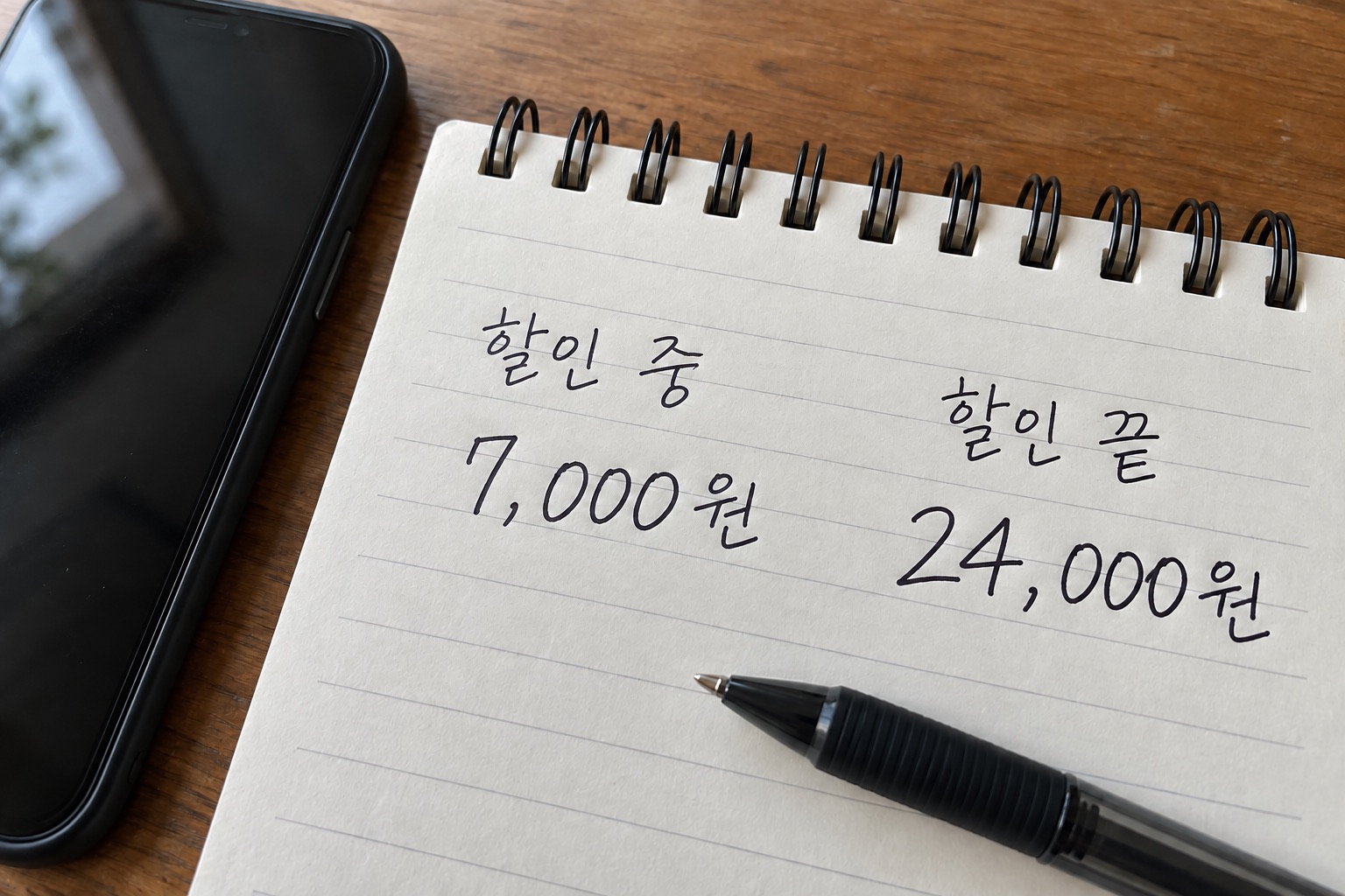 휴대전화 옆에 할인 기간과 이후 요금을 나누어 적은 비교 메모